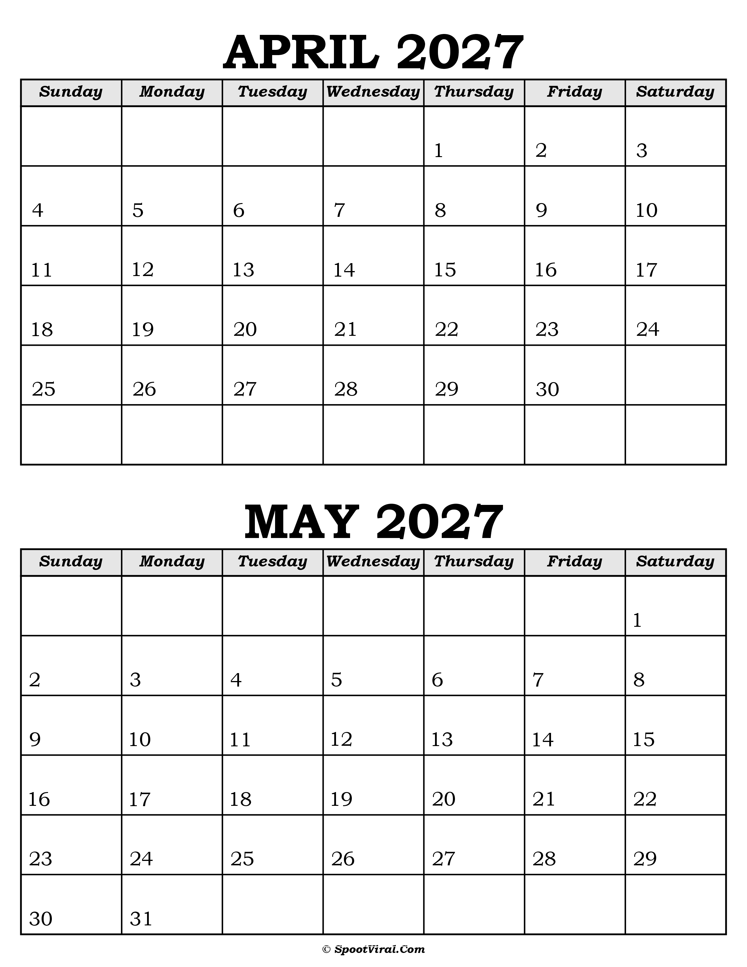 April and May Calendar 2027