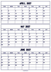 April to June 2027 Calendar
