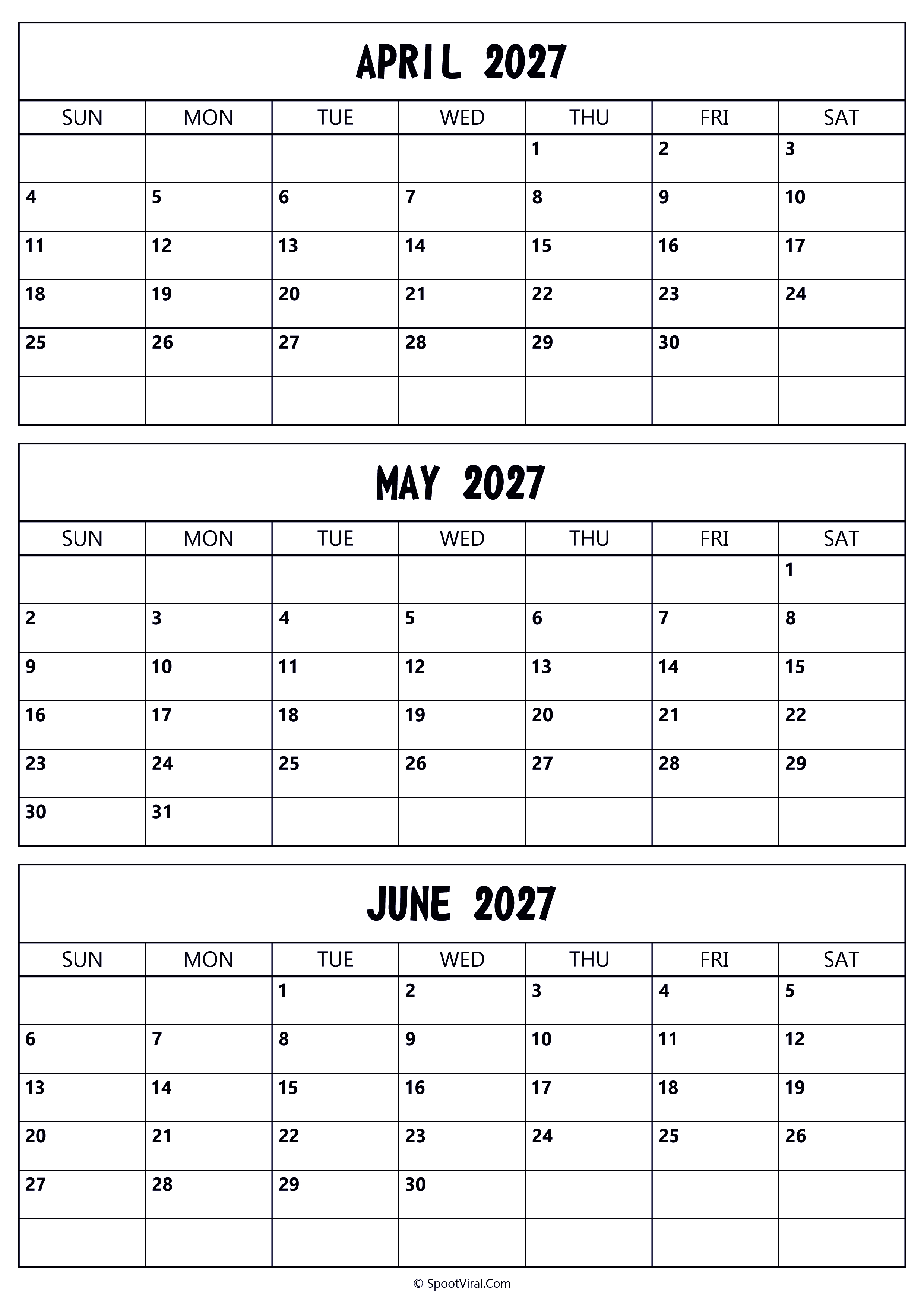 April to June 2027 Calendar