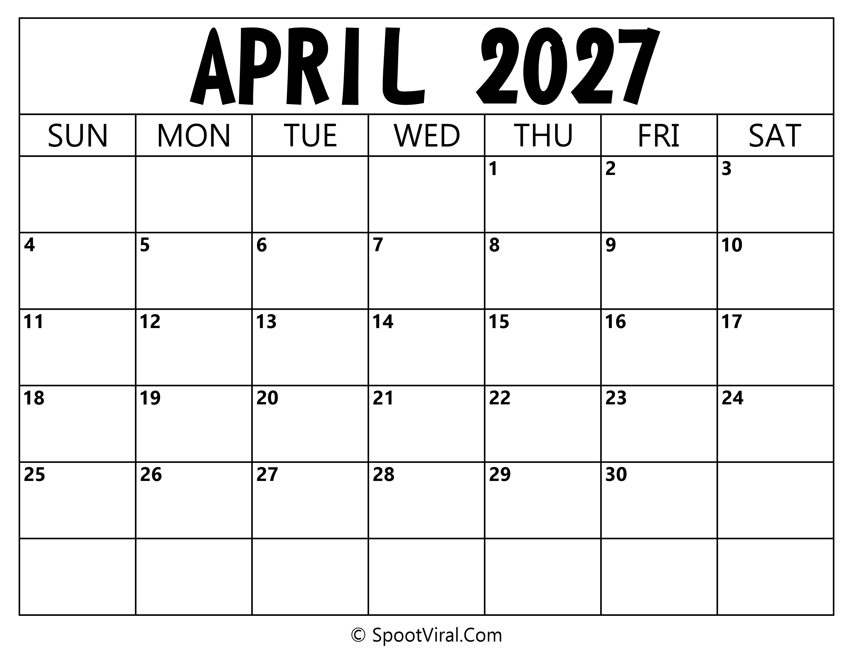 Blank Calendar April 2027