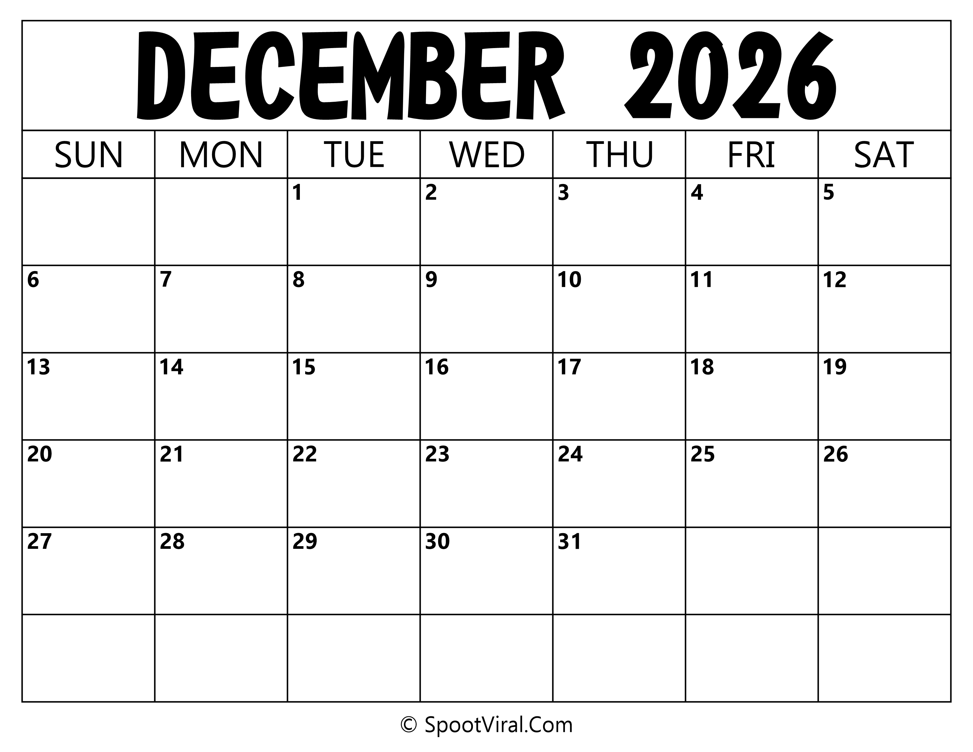 Blank Calendar December 2026