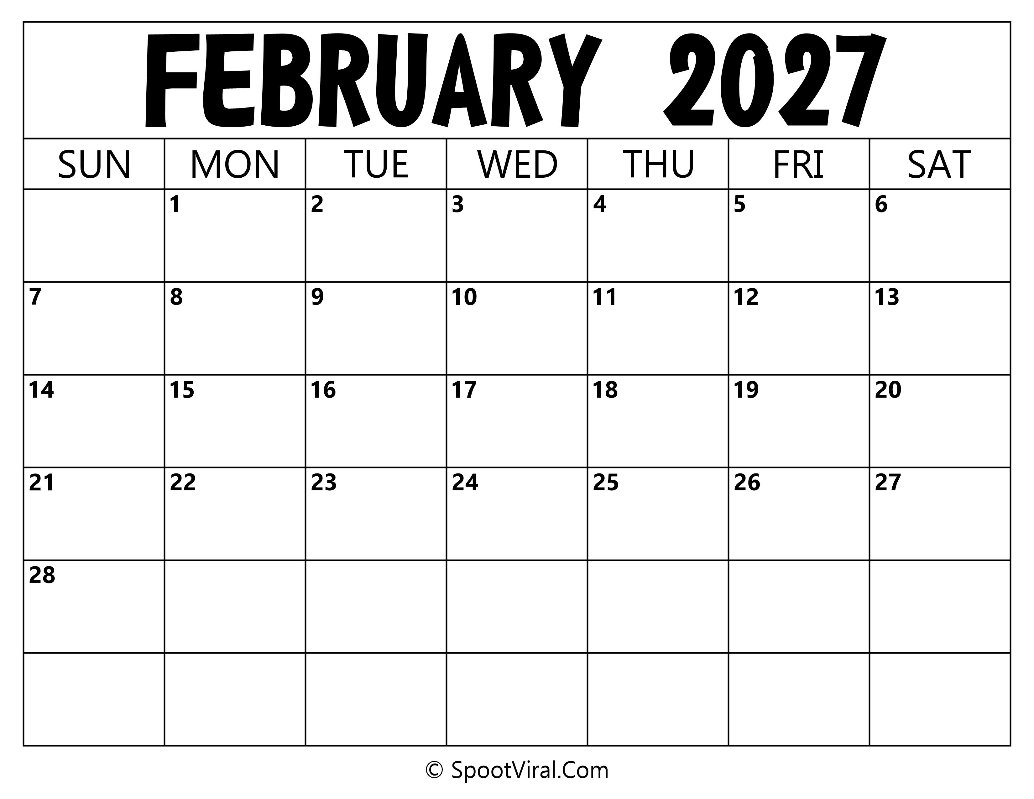Blank Calendar February 2027