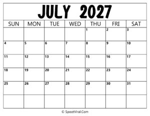 Blank Calendar July 2027