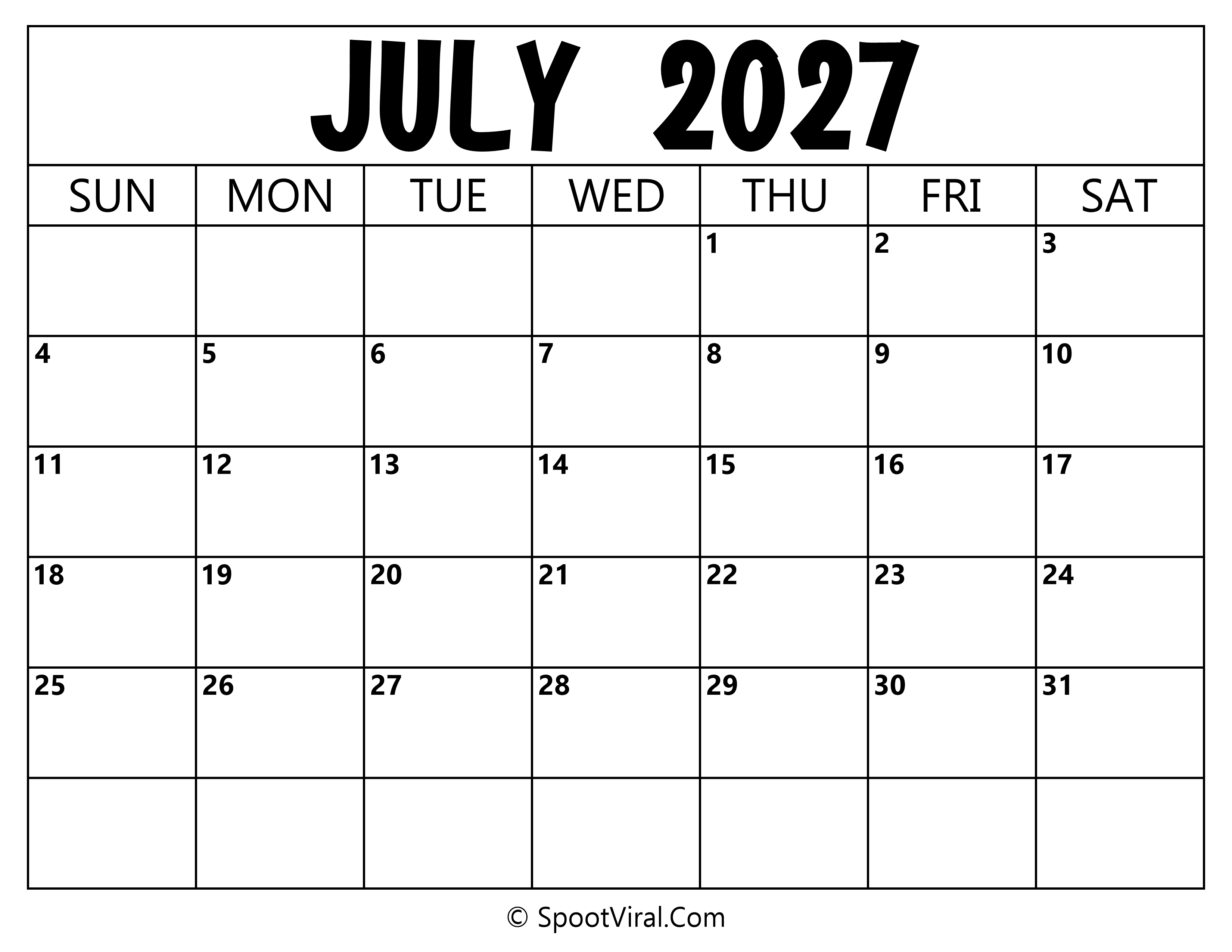 Blank Calendar July 2027