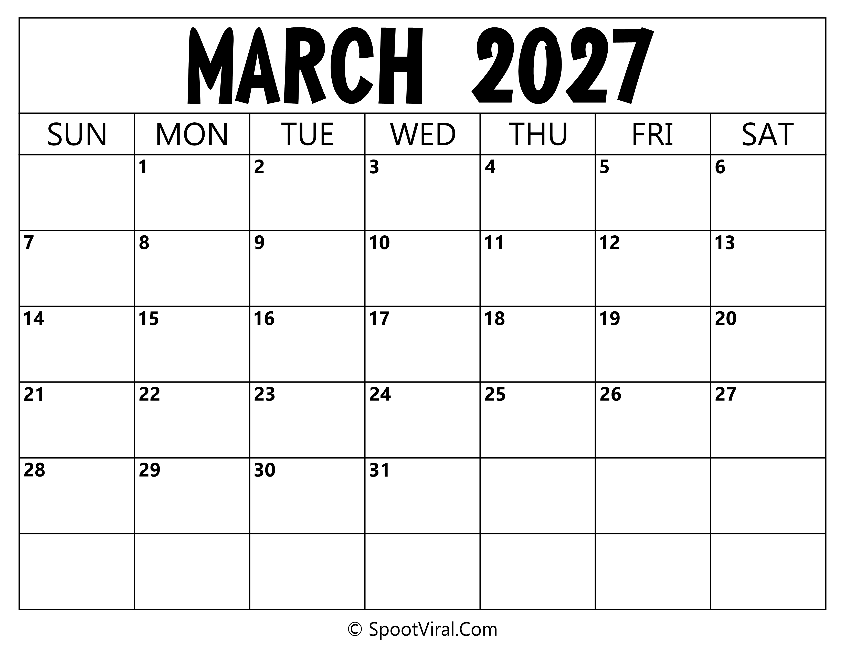 Blank Calendar March 2027