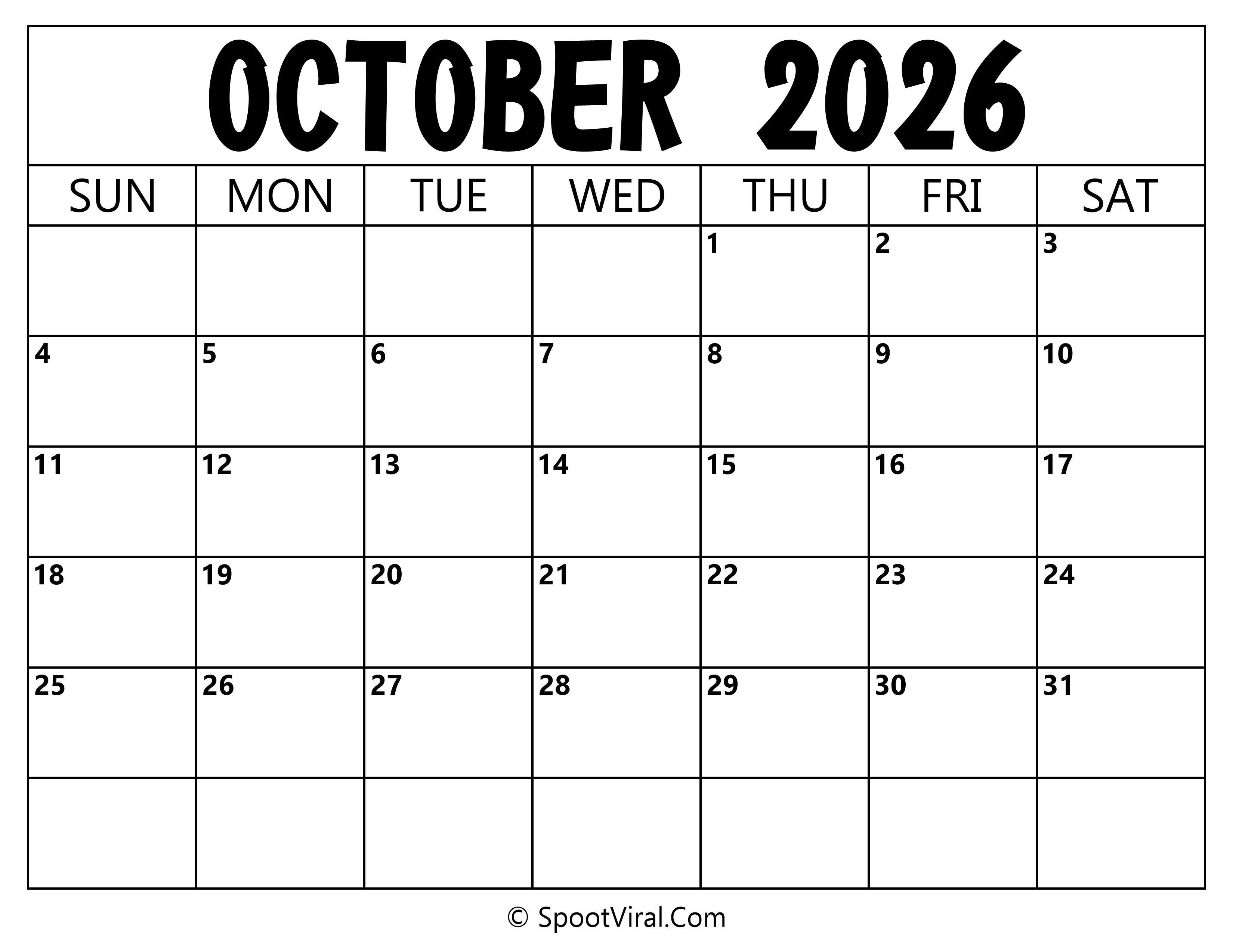 Blank Calendar October 2026
