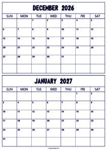 Calendar 2026 December 2027 January