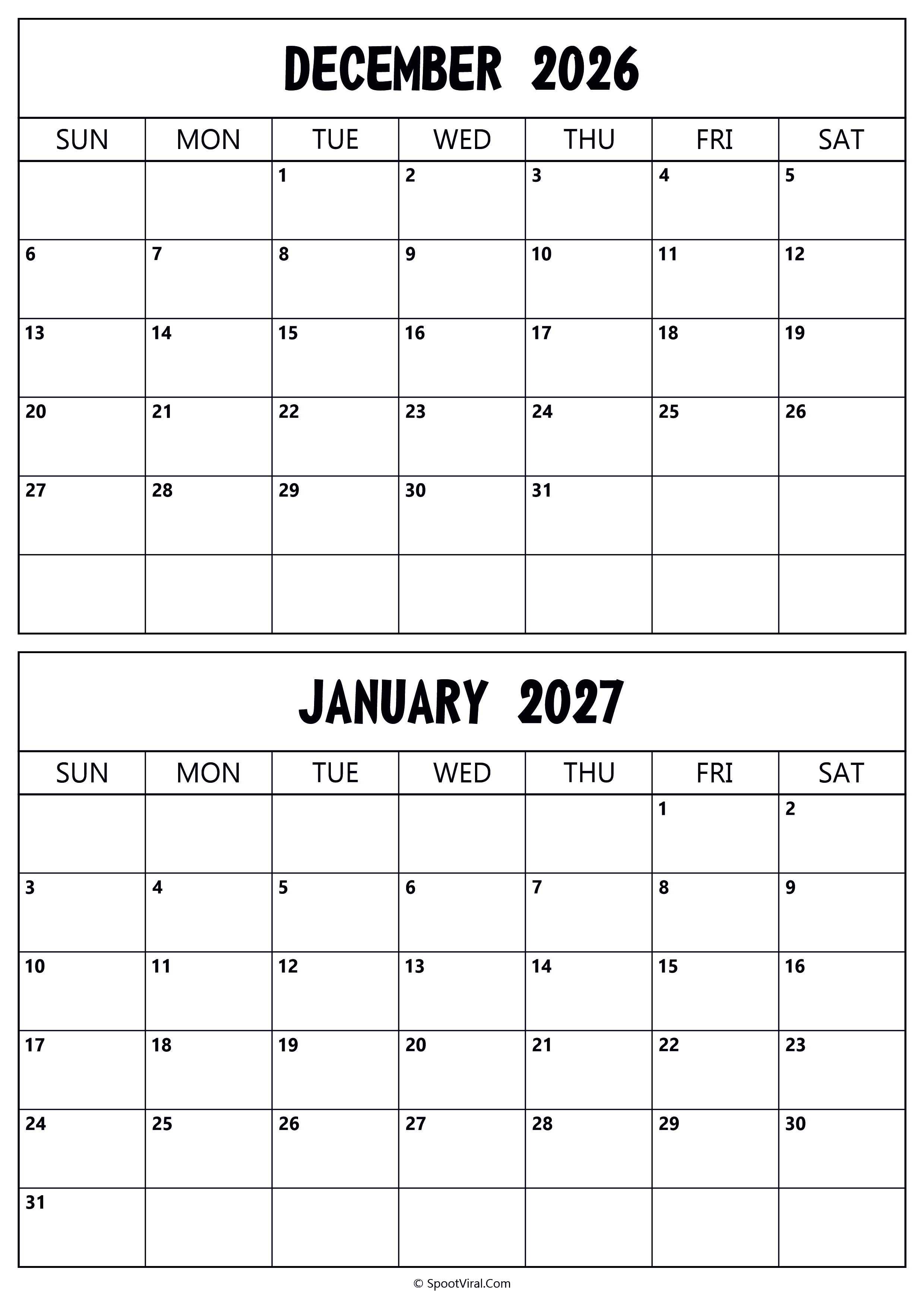 Calendar 2026 December 2027 January