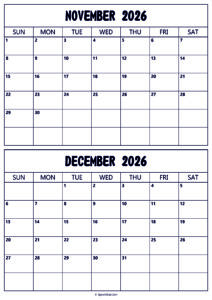 Calendar 2026 November December