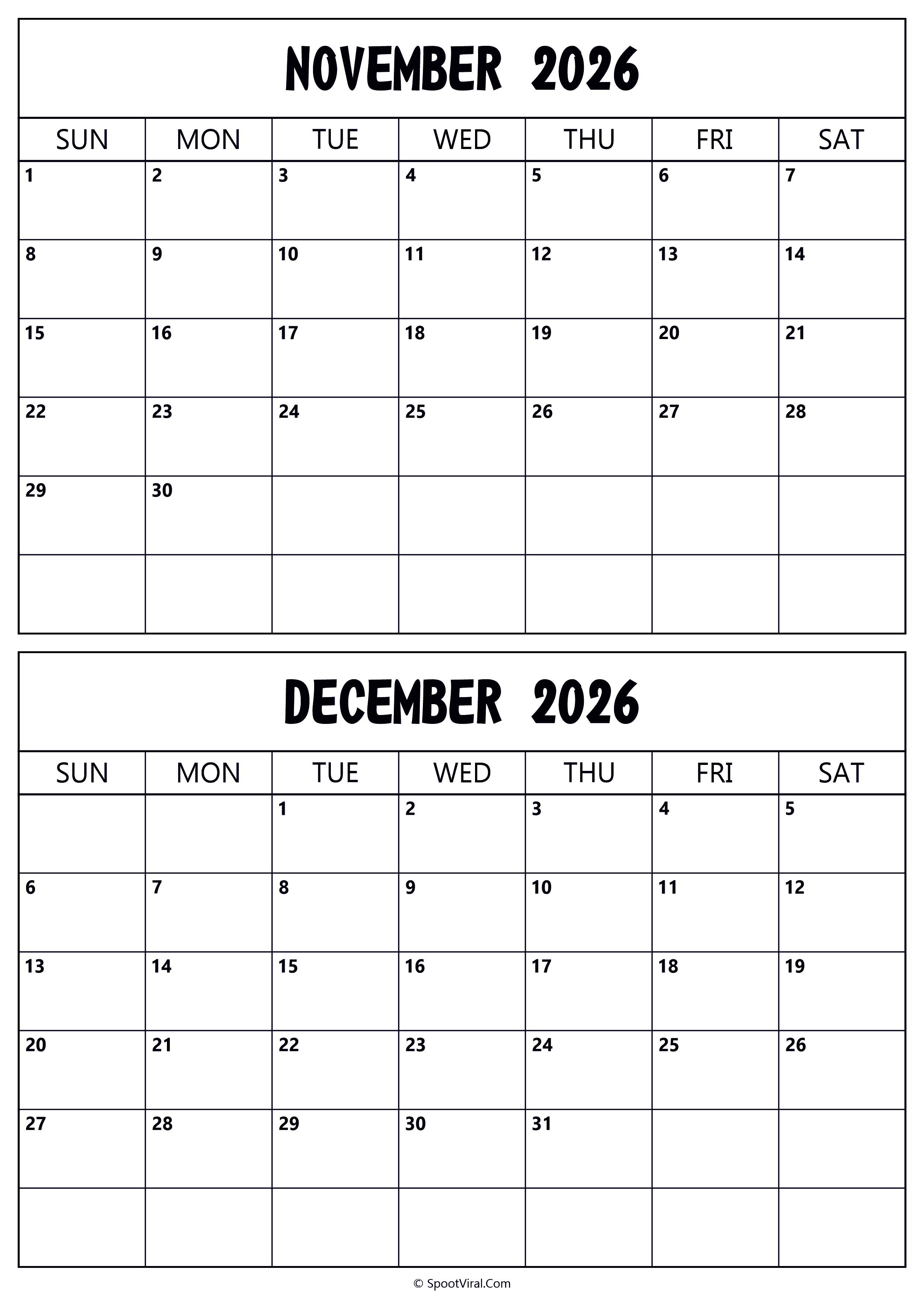 Calendar 2026 November December