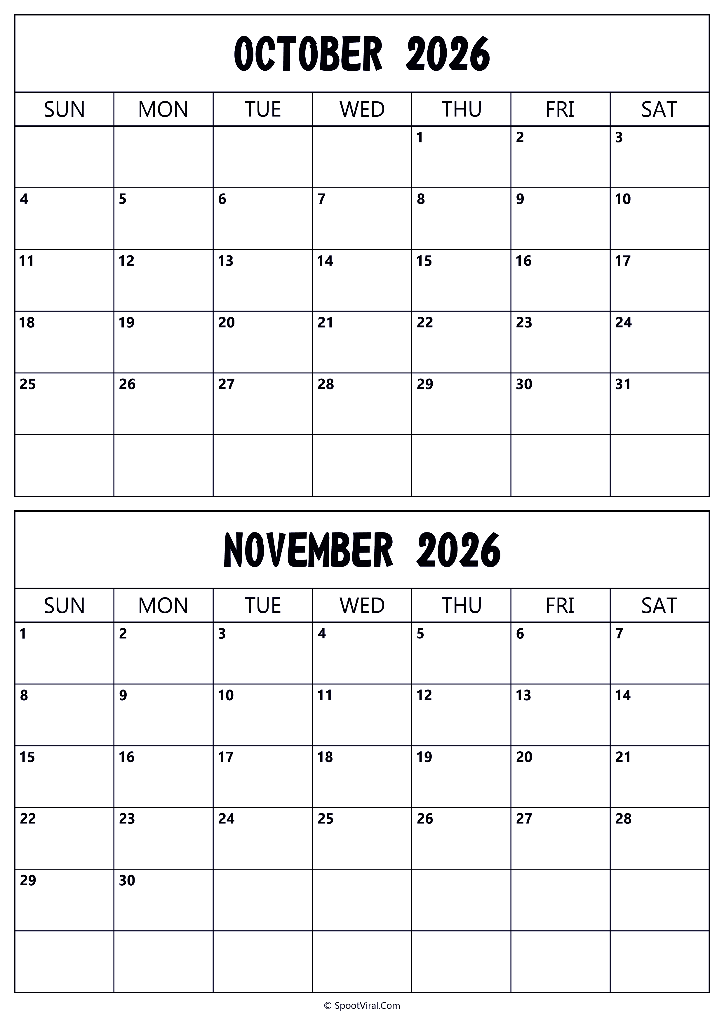 Calendar 2026 October November