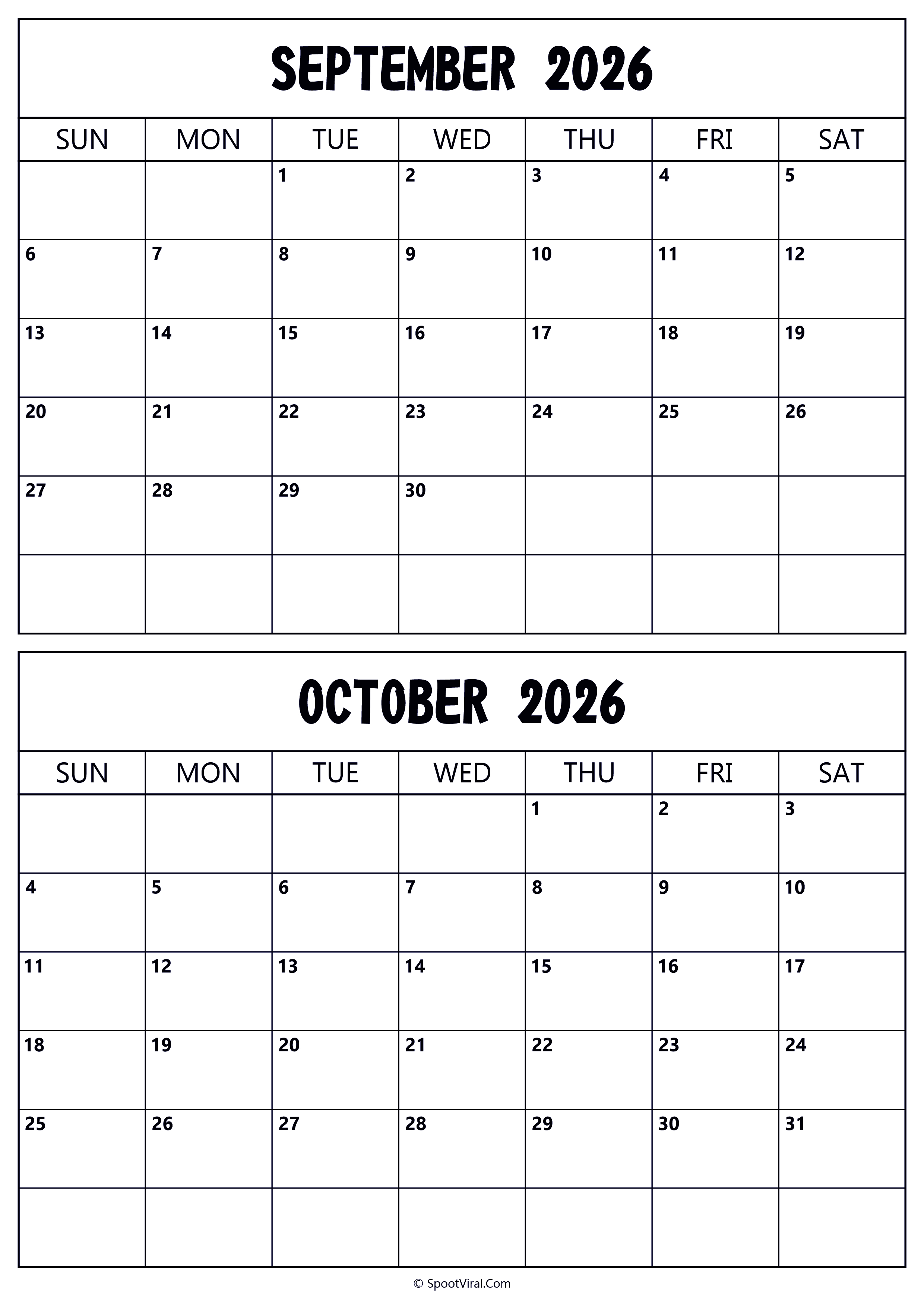 Calendar 2026 September October