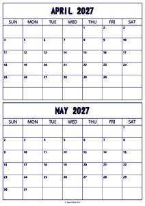 Calendar 2027 April May