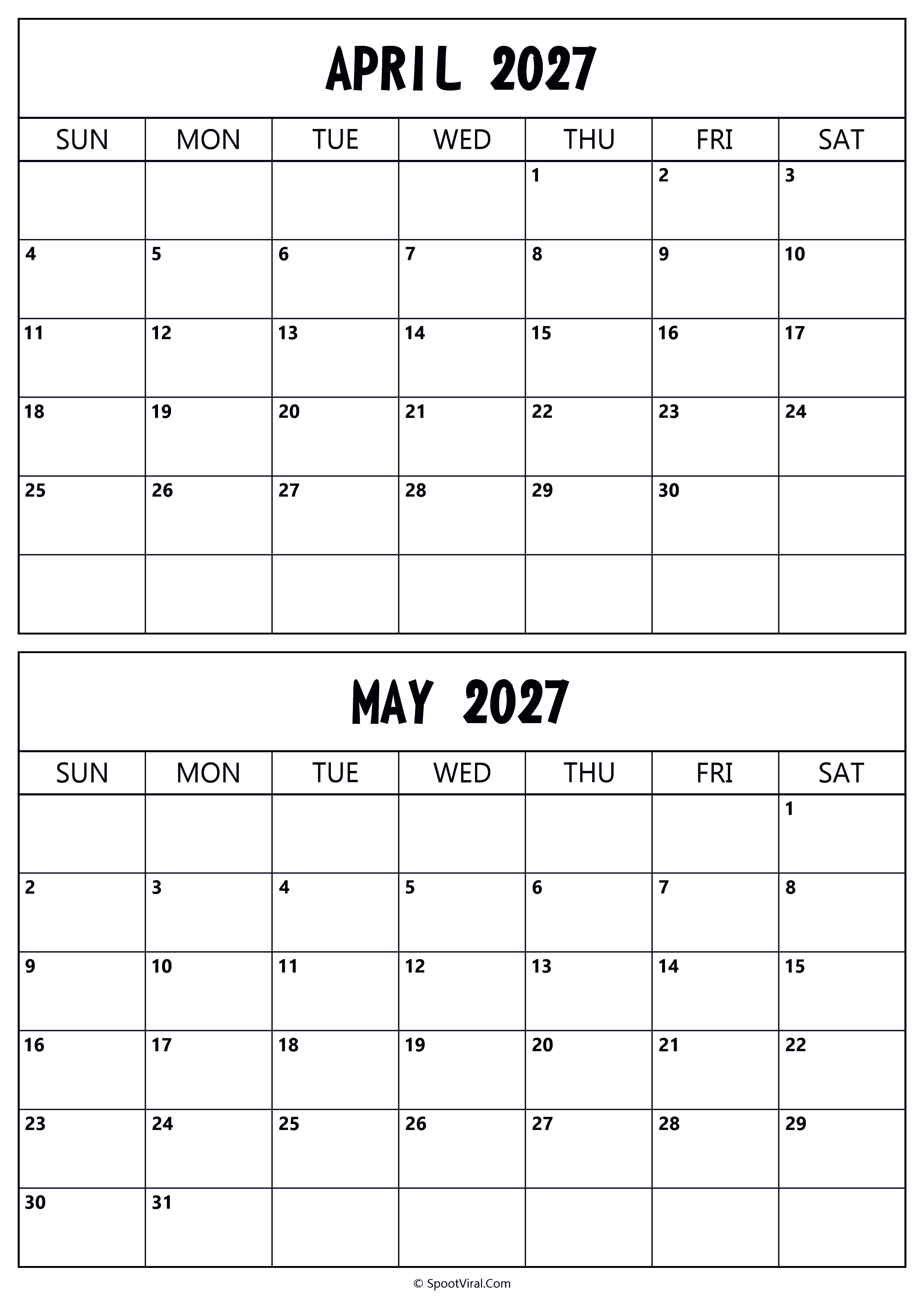 Calendar 2027 April May