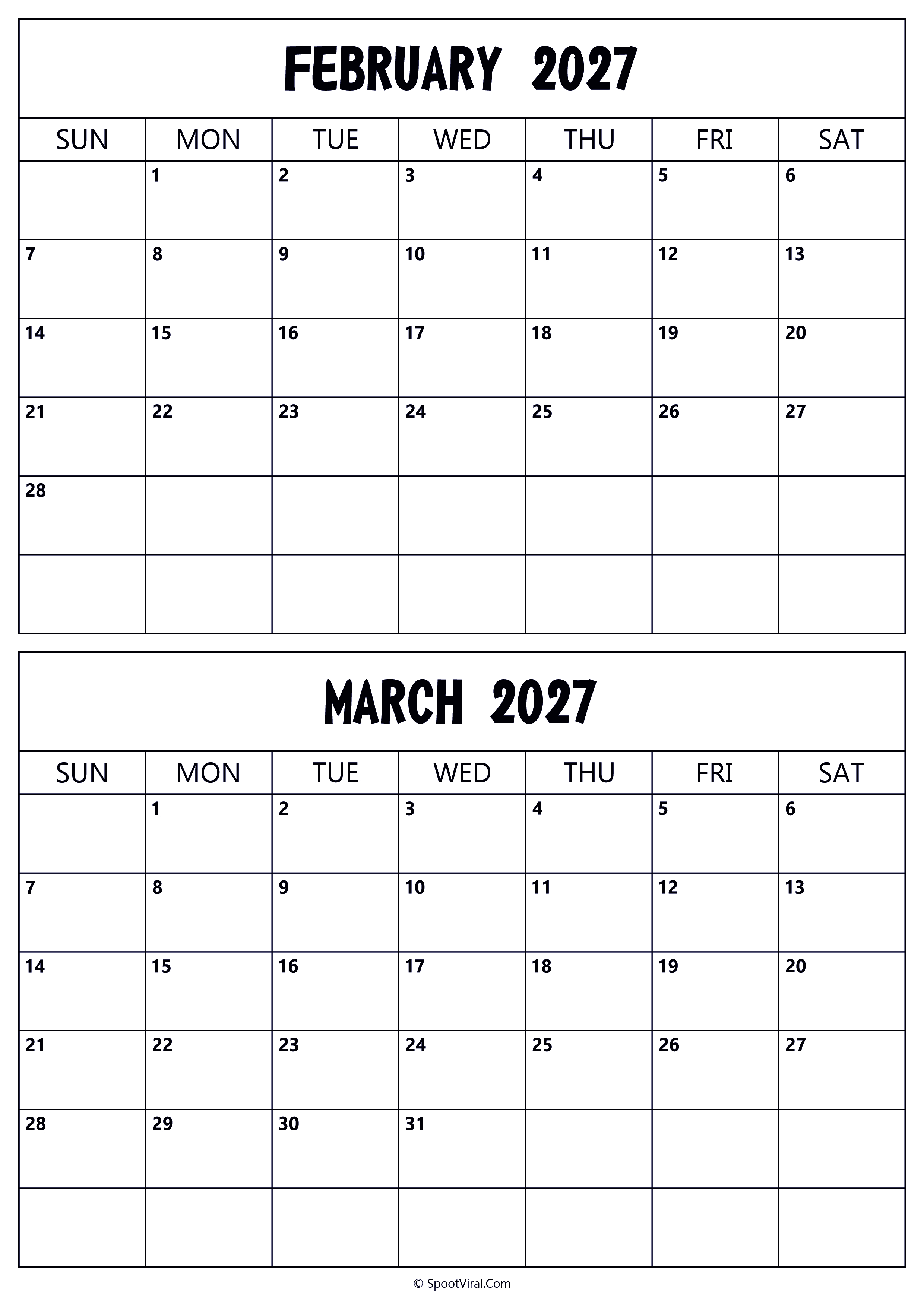 Calendar 2027 February March