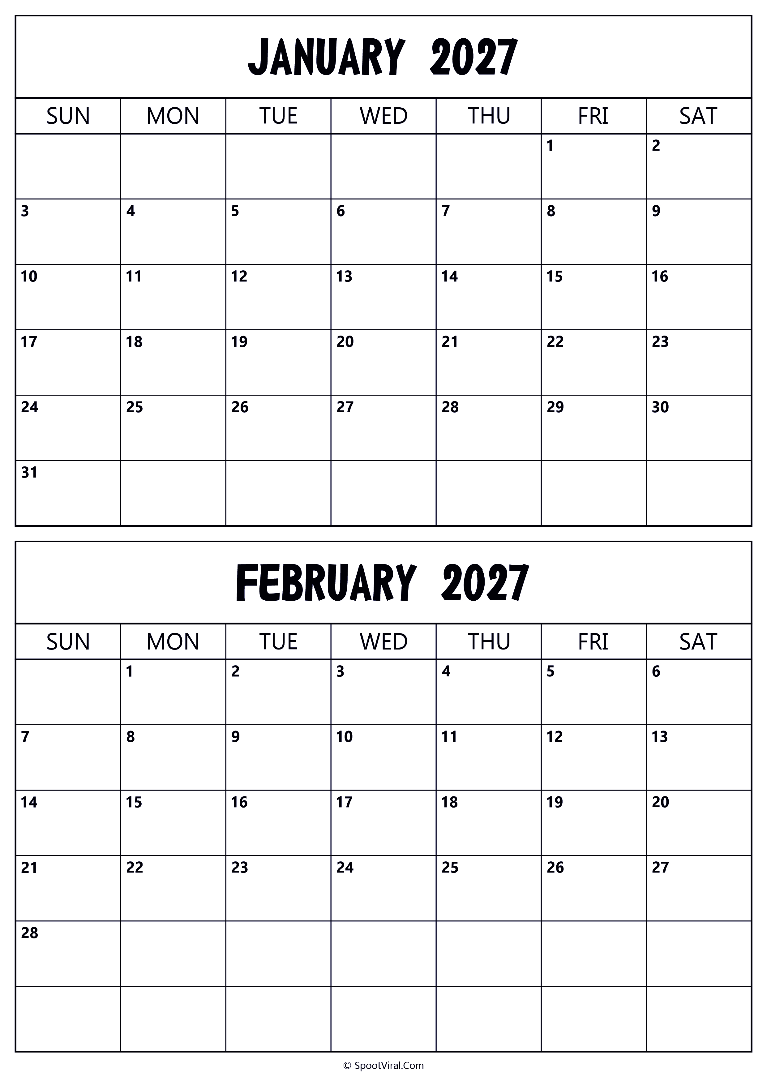 Calendar 2027 January February