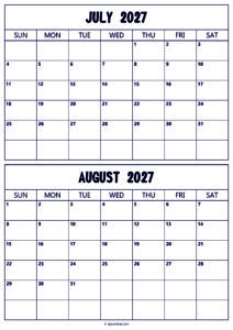 Calendar 2027 July August
