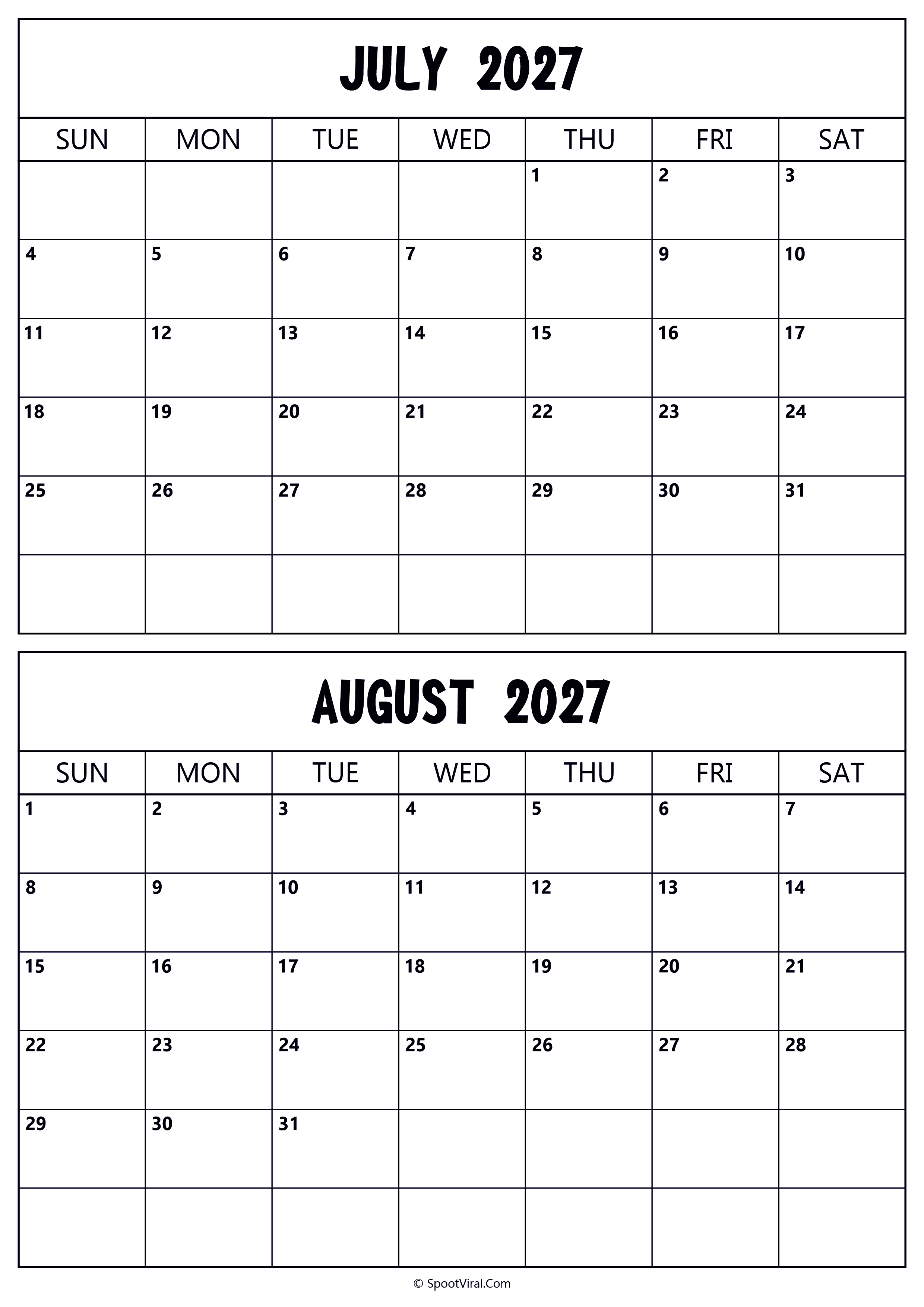 Calendar 2027 July August