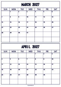 Calendar 2027 March April