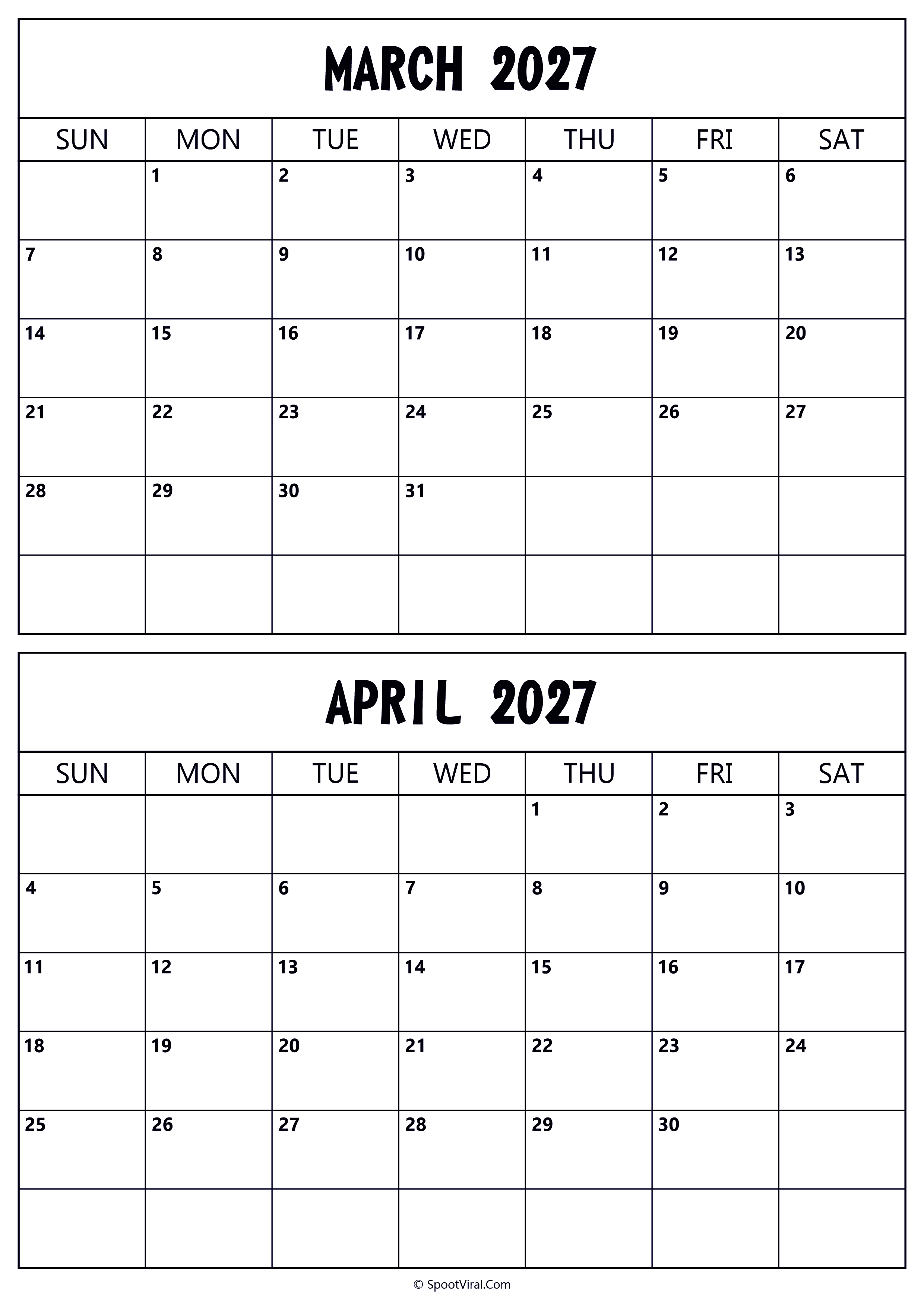 Calendar 2027 March April