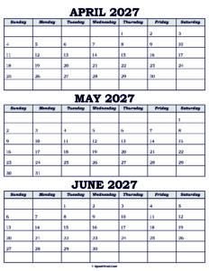 Calendar April May June 2027