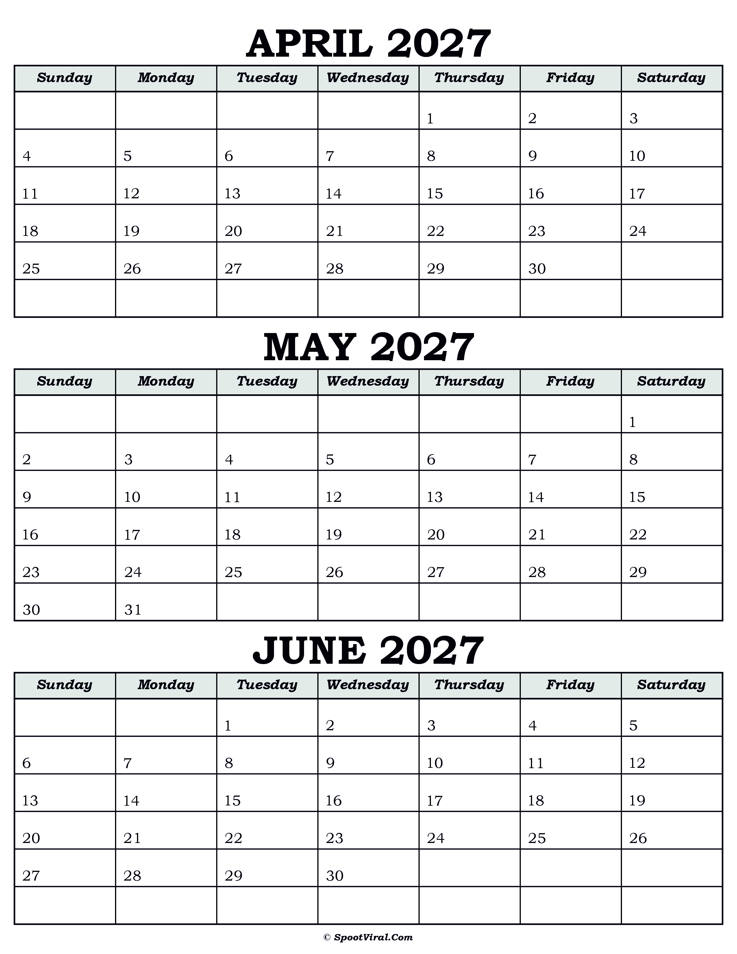 Calendar April May June 2027