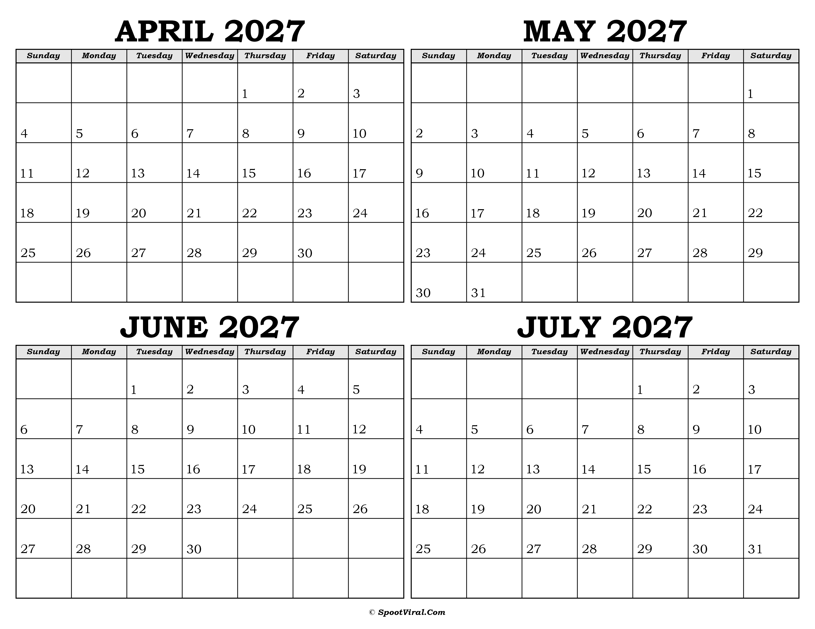Calendar April to July 2027