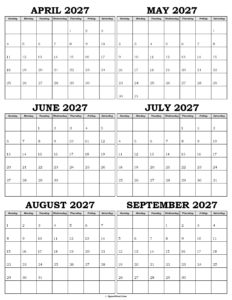 Calendar April to September 2027