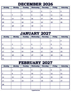 Calendar December 2026 January February 2027