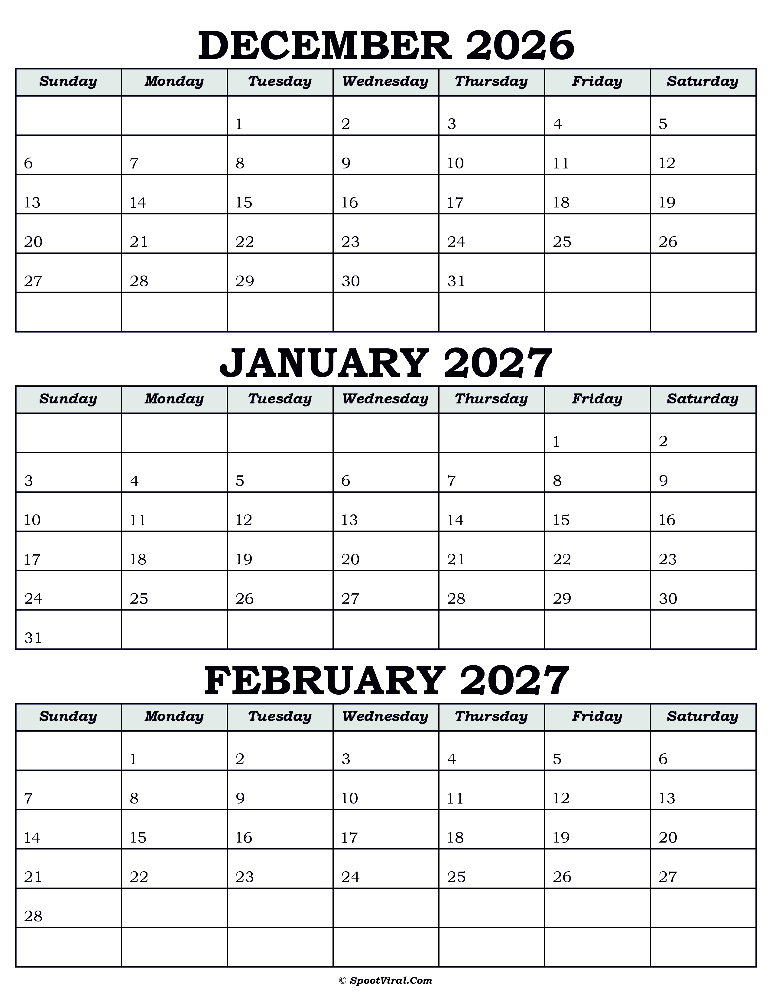 Calendar December 2026 January February 2027