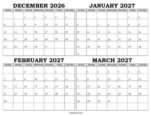 Calendar December 2026 to March 2027