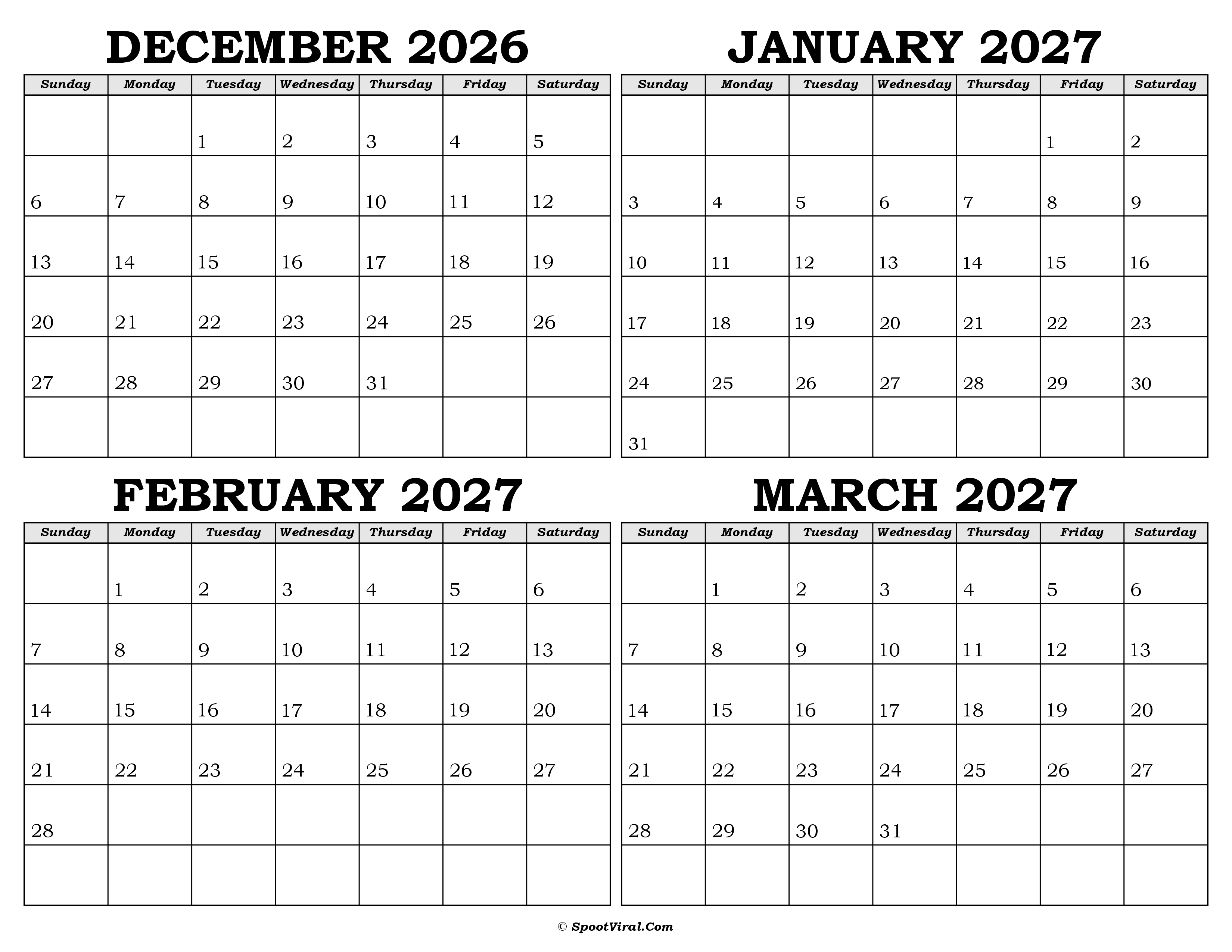 Calendar December 2026 to March 2027