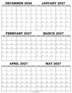 Calendar December 2026 to May 2027