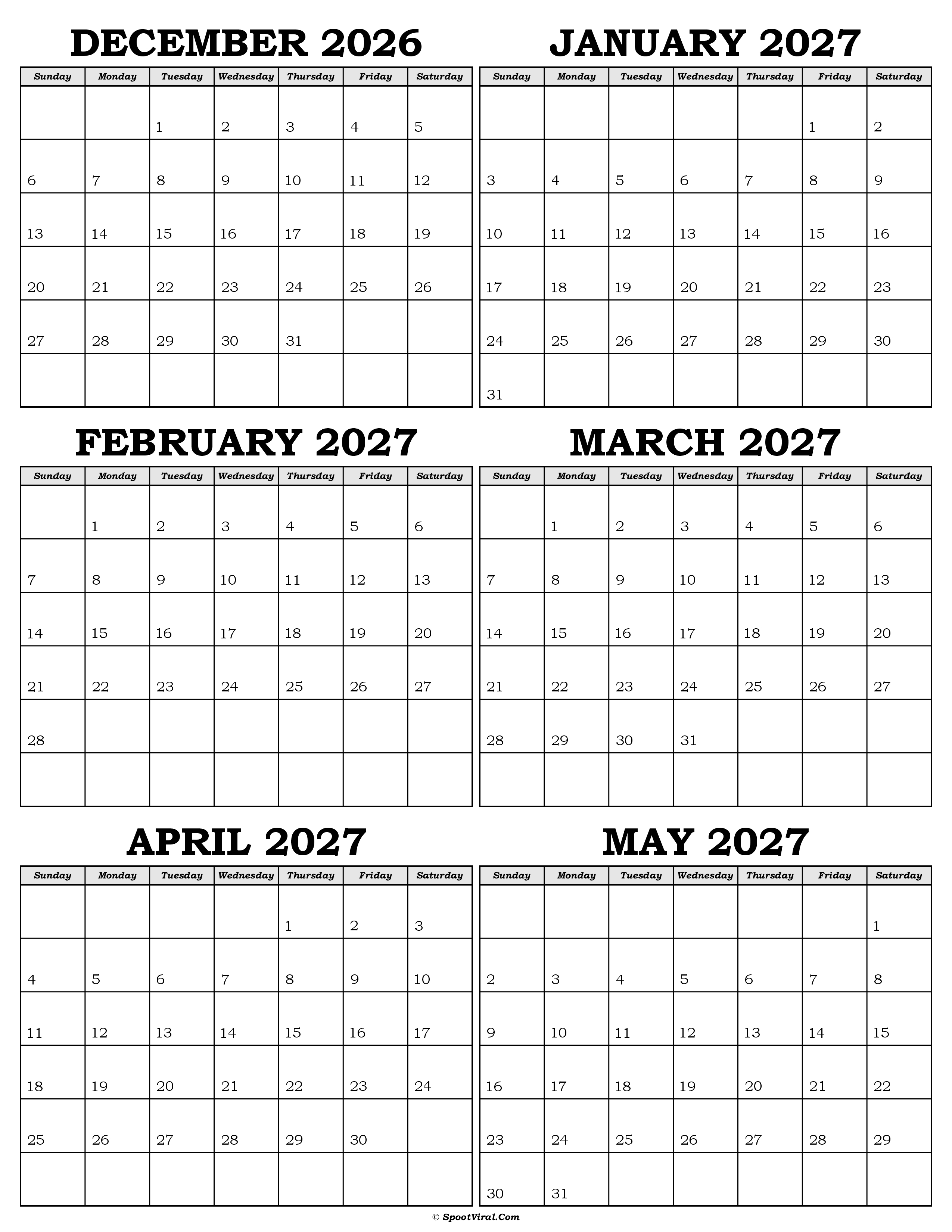 Calendar December 2026 to May 2027