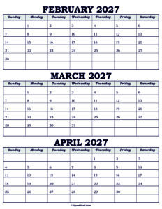 Calendar February March April 2027