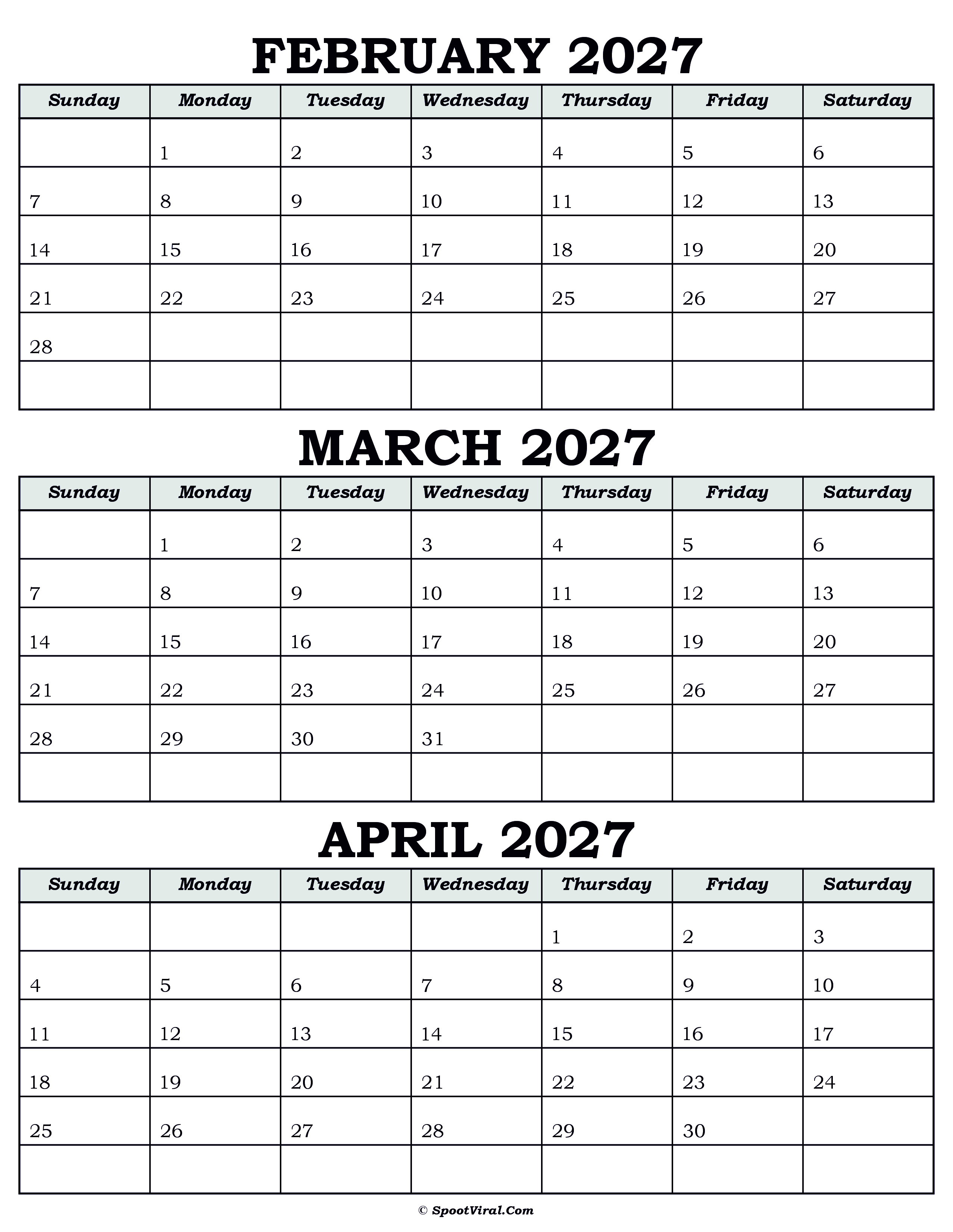 Calendar February March April 2027