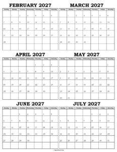 Calendar February to July 2027
