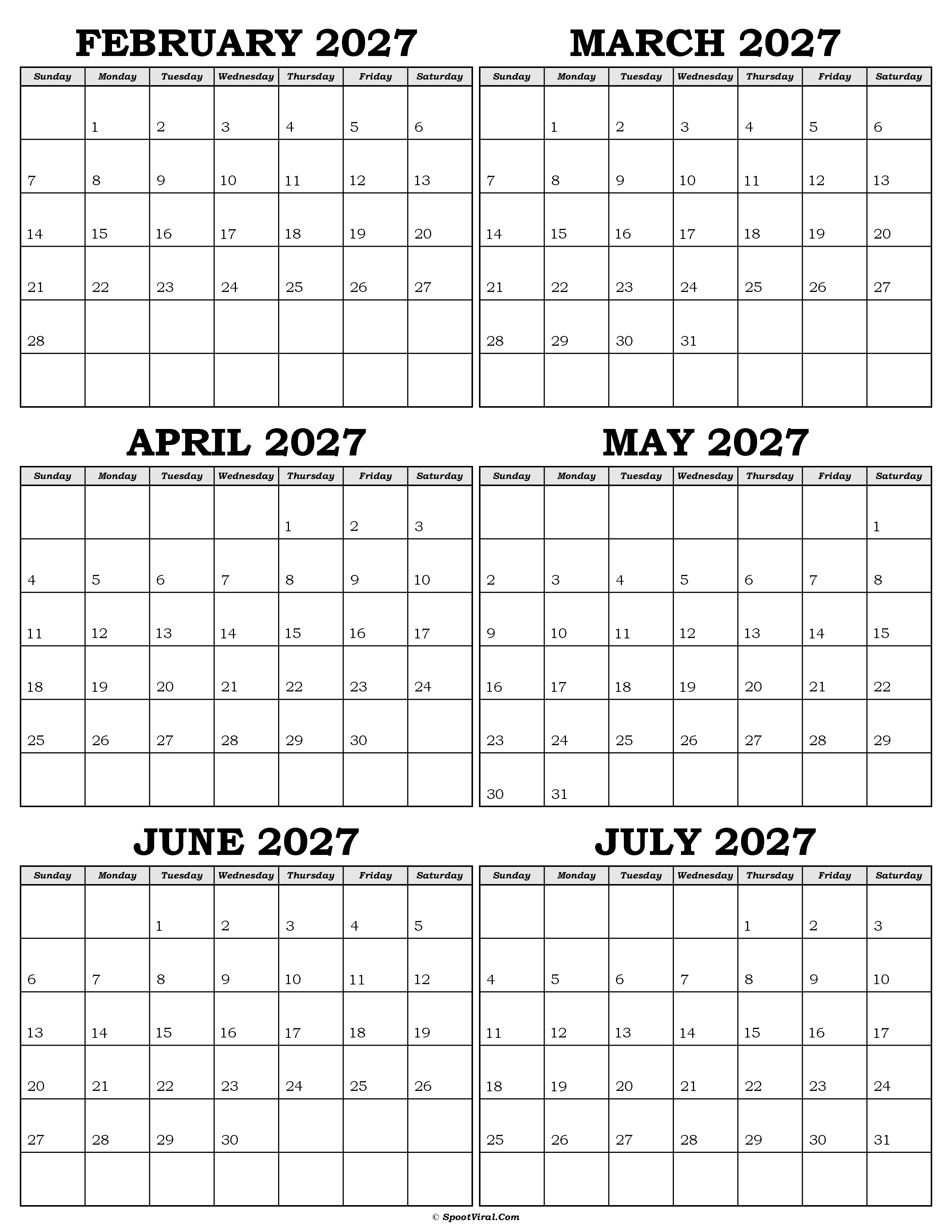 Calendar February to July 2027