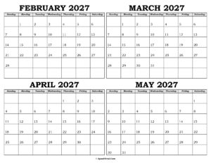 Calendar February to May 2027