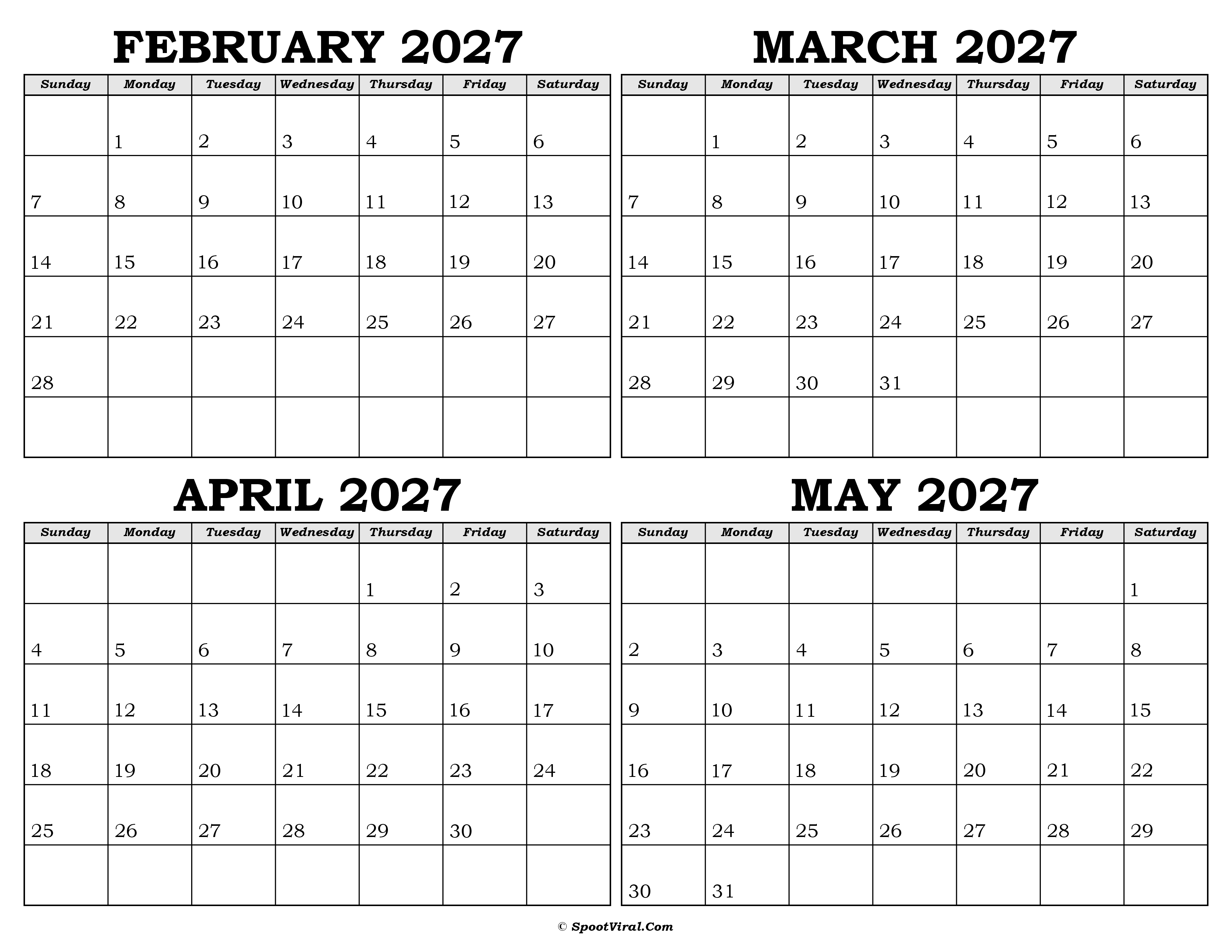 Calendar February to May 2027
