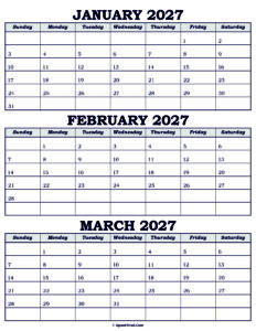 Calendar January February March 2027