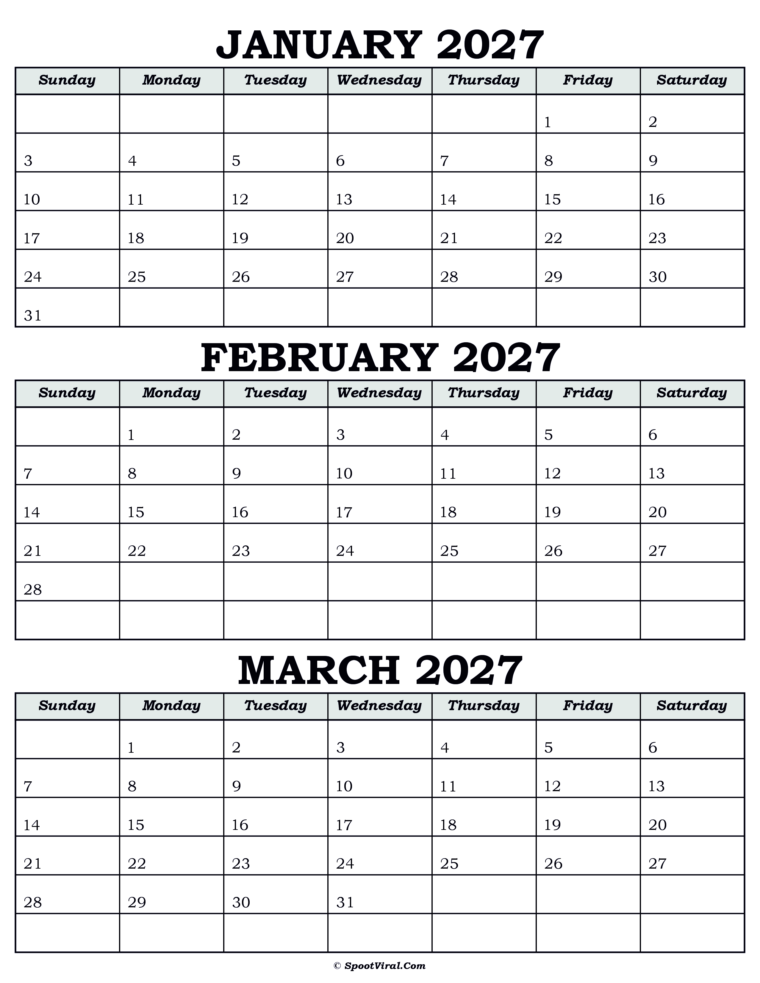 Calendar January February March 2027
