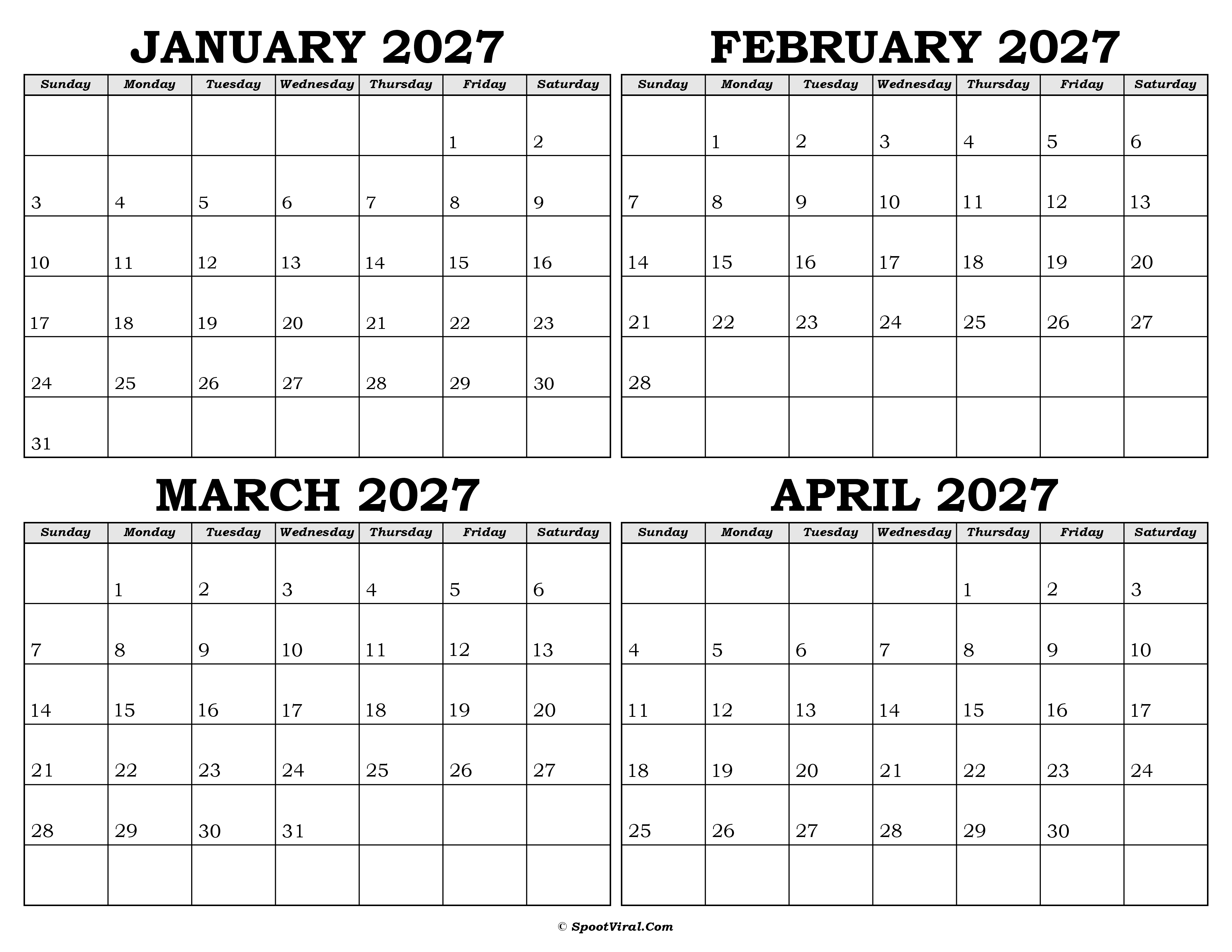 Calendar January to April 2027