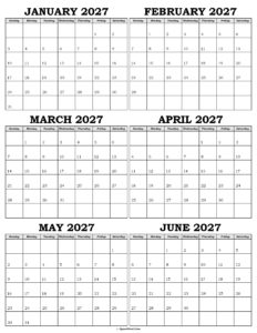 Calendar January to June 2027