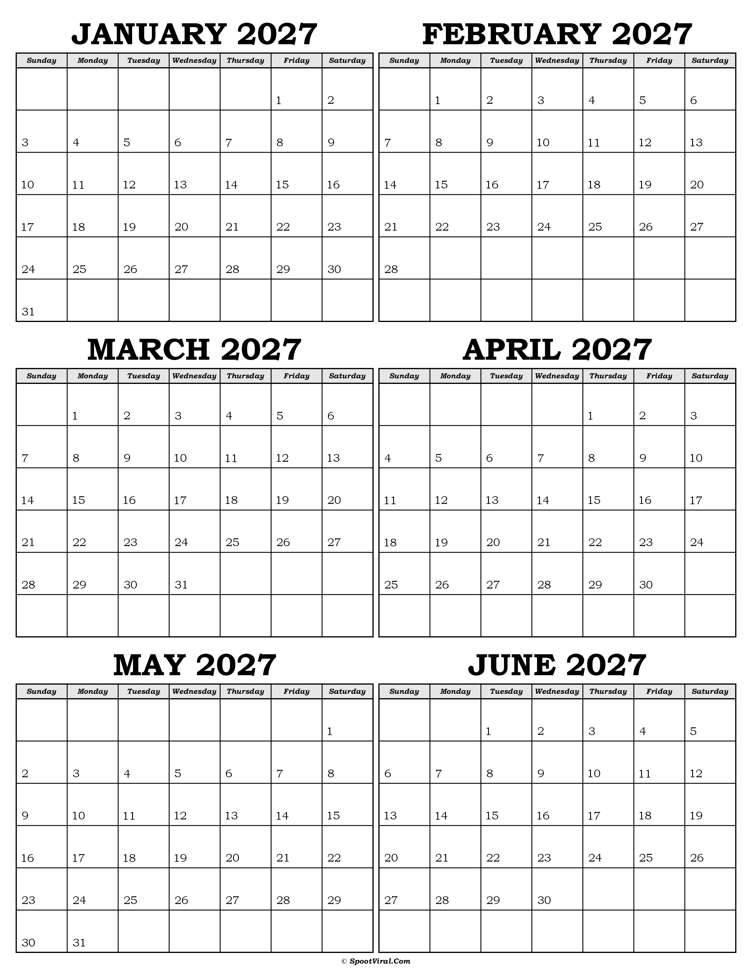 Calendar January to June 2027