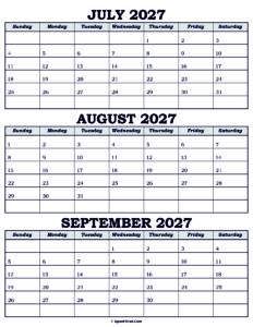 Calendar July August September 2027
