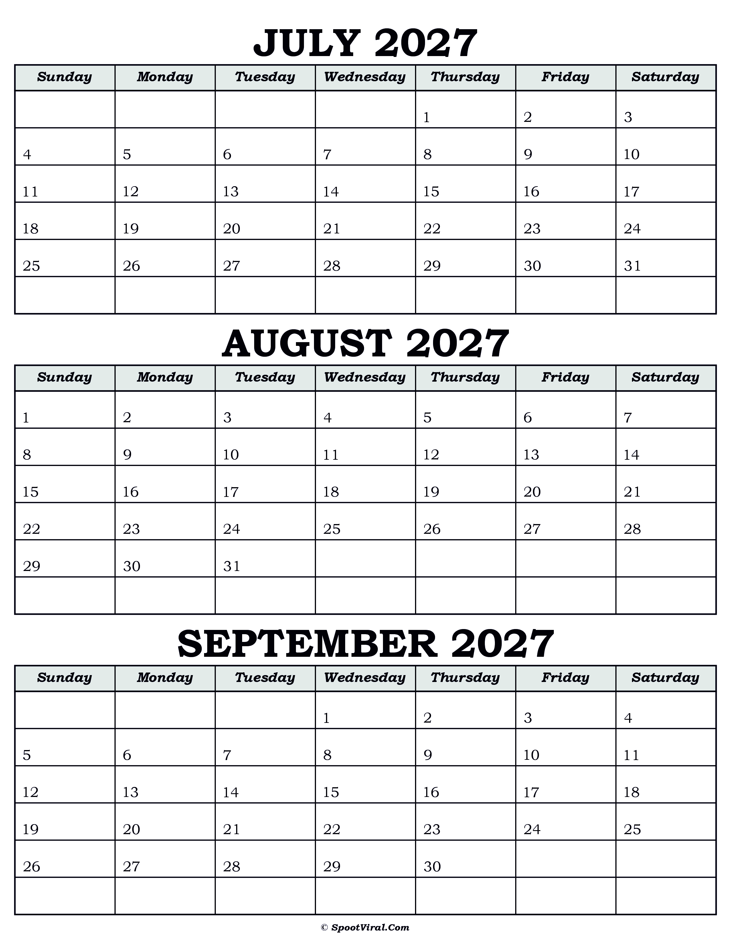 Calendar July August September 2027