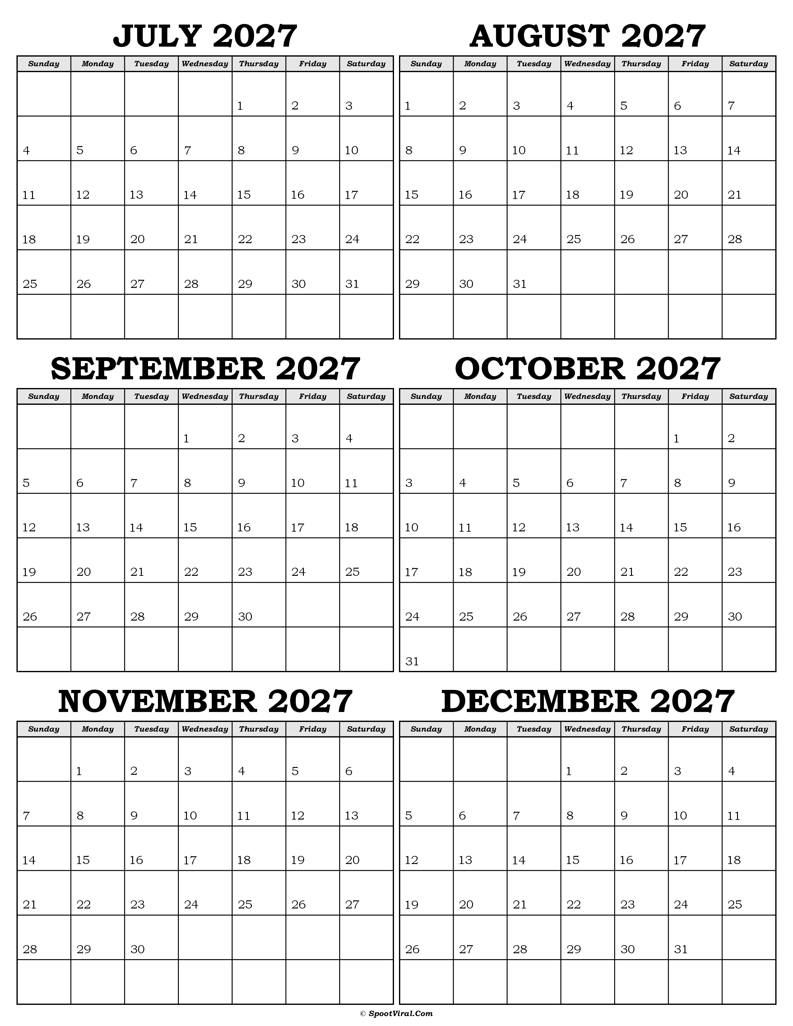 Calendar July to December 2027