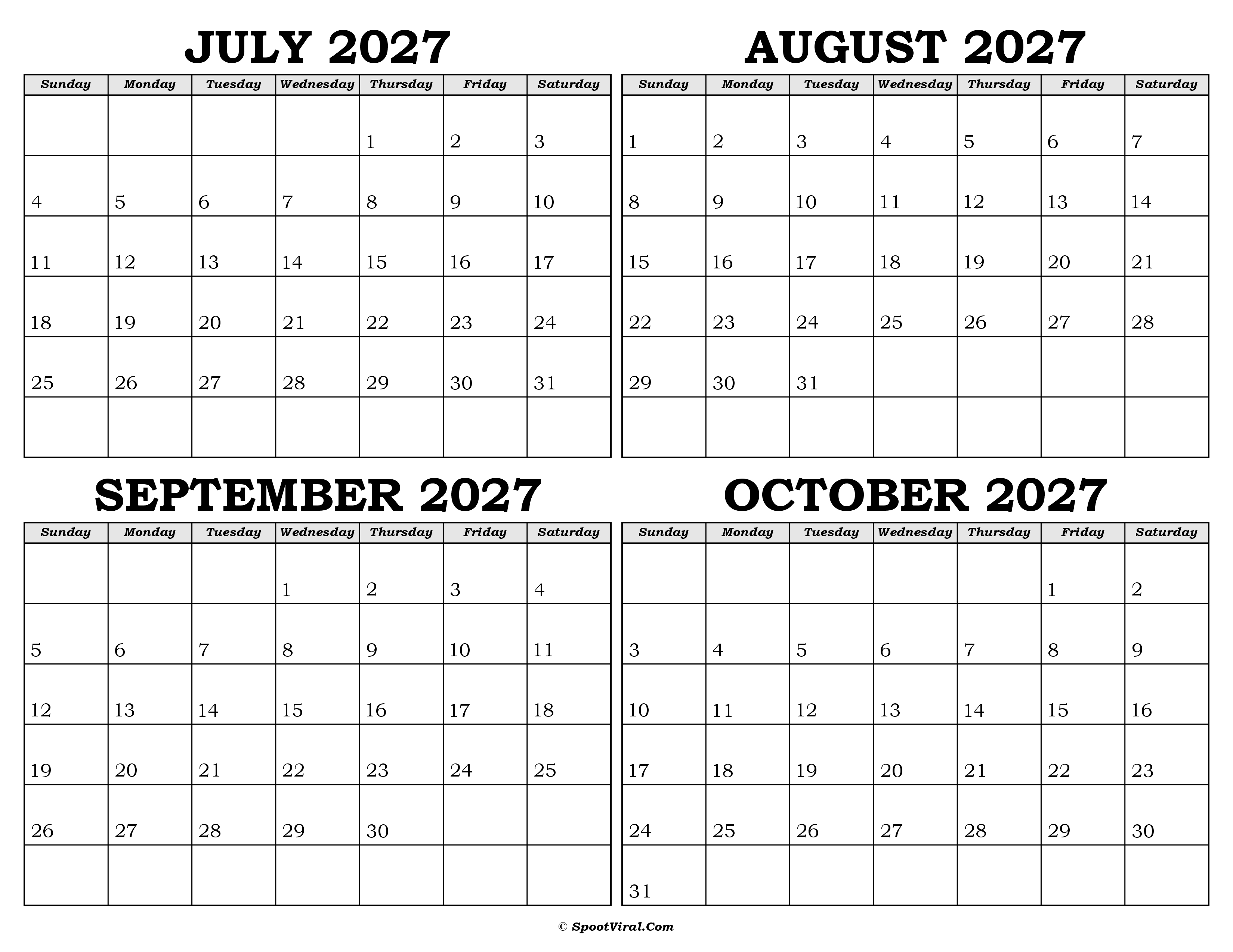Calendar July to October 2027