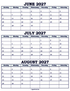 Calendar June July August 2027